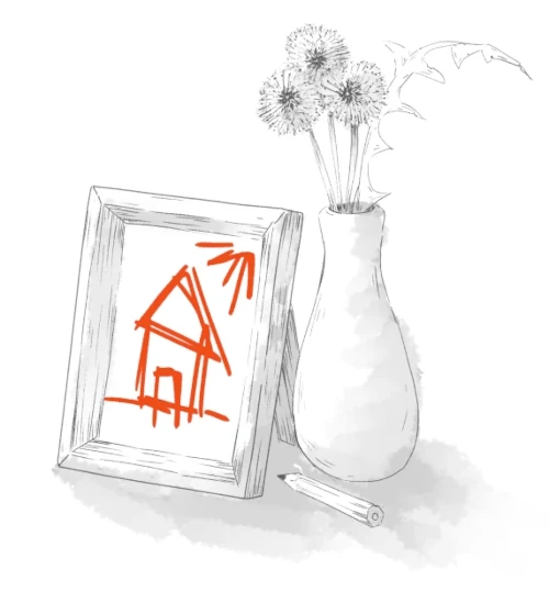 рисунок карандашом, на котором изображена ваза с одуванчиками. Рядом с вазой стоит рамка, внутри которой нарисован оранжевый дом и солнце