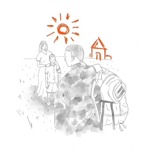 рисунок карандашом, солдат с рюкзаком возвращается к жене и сыну, за заднем плане нарисованный дом, на небе светит солнце